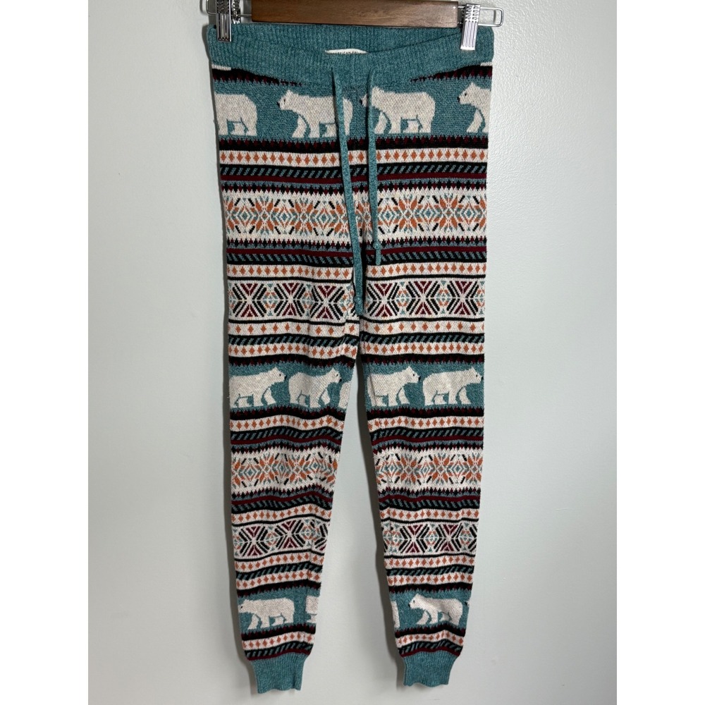 American Eagle Womens XS Polar Bear Fair Isle Knit Jogger Pajama Pants Teal Blue